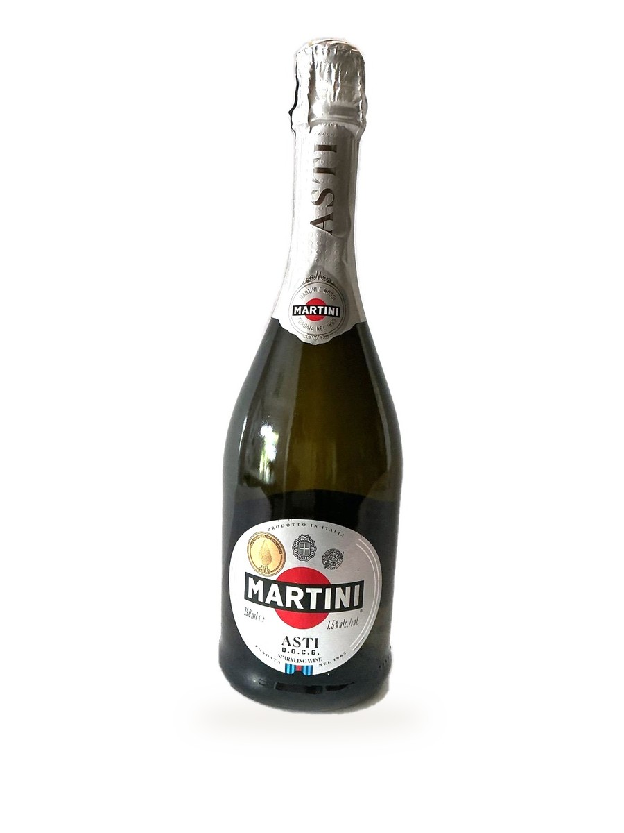 Martini & Rossi Asti, 750 mL sparkling wine bottle with silver foil — front photograph