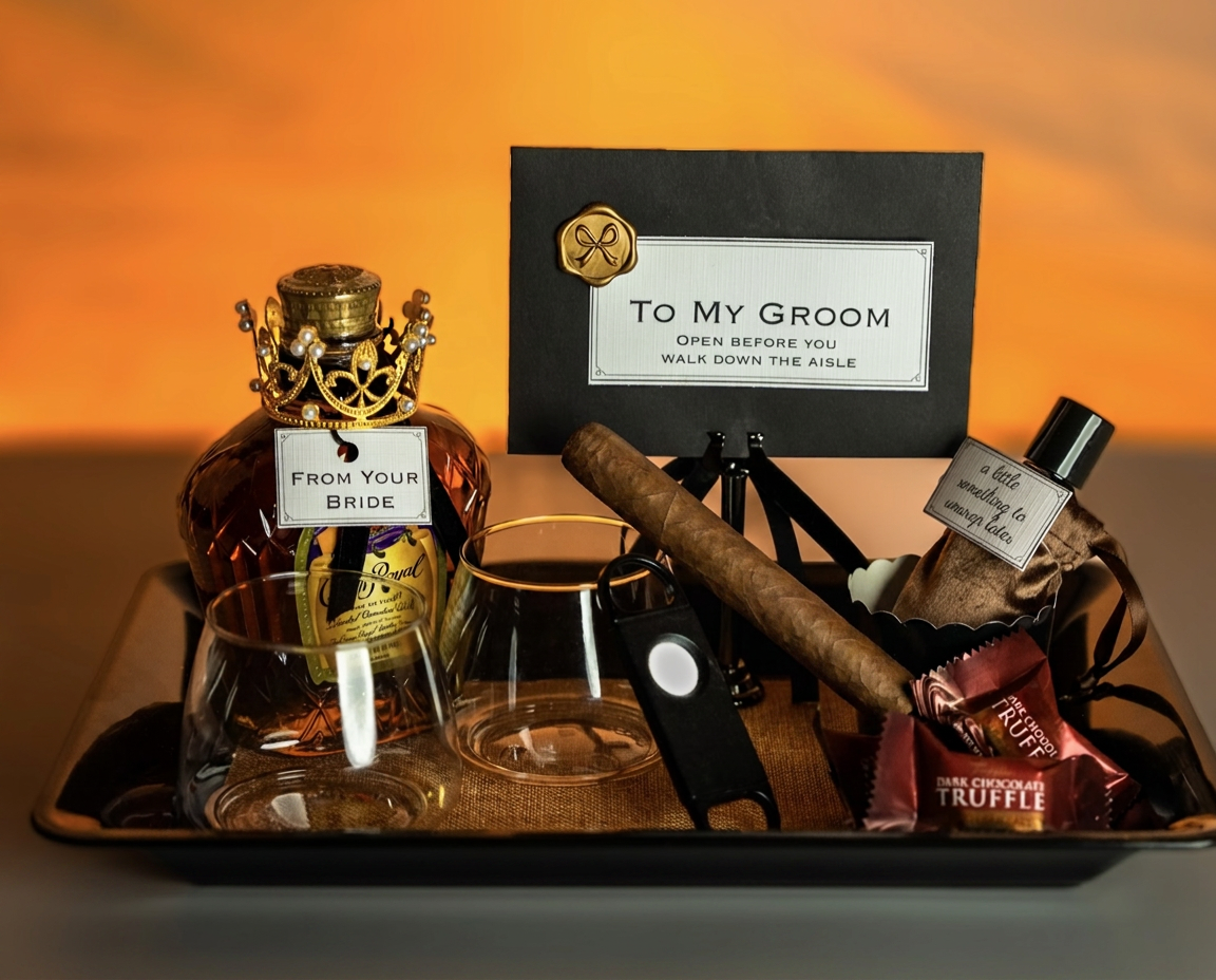 Black and gold groom keepsake tray with whiskey, cigar, and personal card